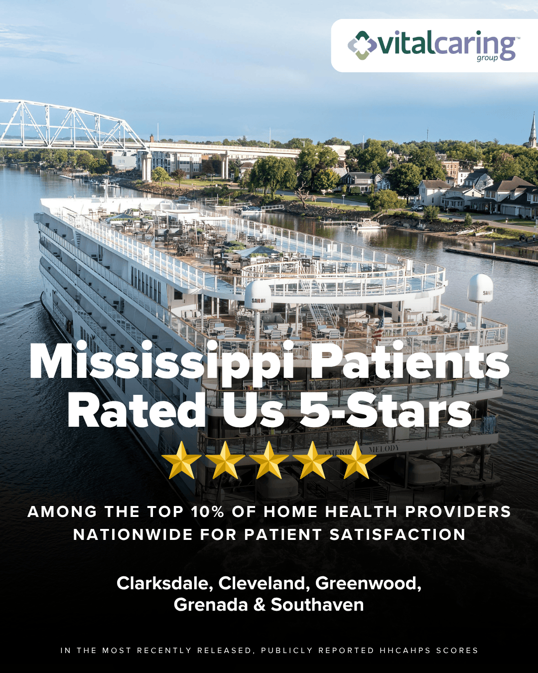 Mississippi Patients Rate Us 5 Stars Luxury river cruise ship on Mississippi River with city skyline in background.