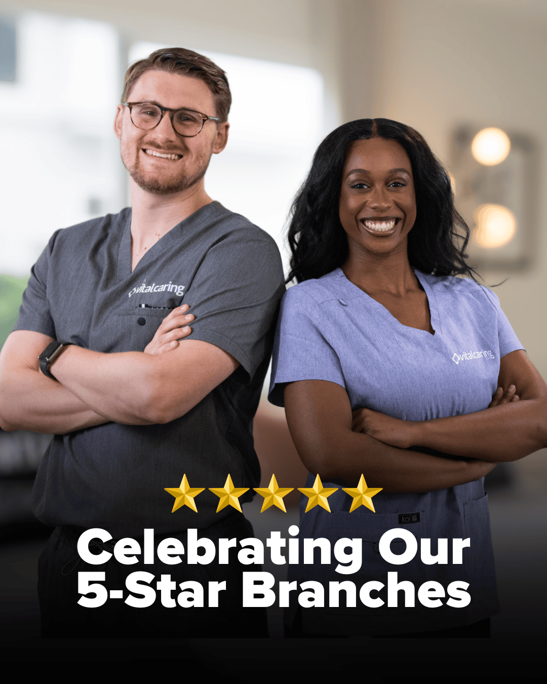 VitalCaring 5-Star Patient Review Happy healthcare professionals celebrating 5-star patient ratings.